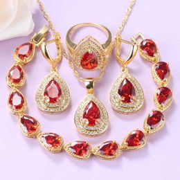 Dubai Gold Colors Red Jewelry Sets AAA+ Quality Garnet African Beaded Necklace And Earrings Sets For Women Trendy Accessories H1022