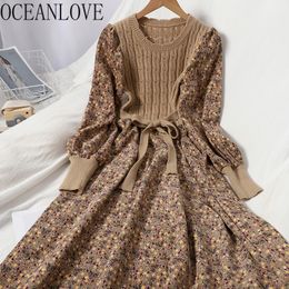 OCEANLOVE Corduroy Floral Women Dresses Vintage Knitted Patchwork Vestidos De Mujer Sweet Korean Long Dress A-line 19079 210309