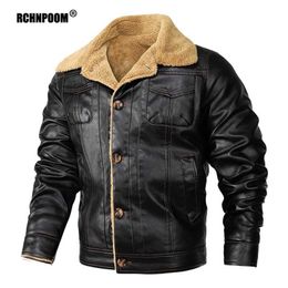Men Jacket Winter Biker Zipper Faux Pu Leather Coat Autumn Casual Fleece Fur Collar Motorcycle 211110