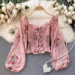 Korean Wear Lady Long Sleeves Chiffon Short Tops Women's Spring Clothes Fashion Sweet Floral Print Blouse R147 210527