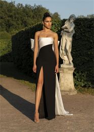 Colour Matching White&Black Evening Dresses Off Shoulder Bow Side Split Women Prom Dress Sleeveless Strapless Floor Length Robe De Soriee