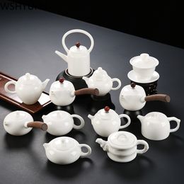 Handmade quality white porcelain teapot ivory white wooden handle teapot tea set Chinese tea room etiquette tool teapot