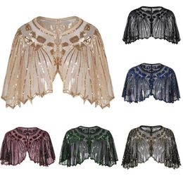 flapper cape Canada - Wraps & Jackets Vintage 1920s Flapper Sequin Shawl Beaded Short Cape Decoration Gatsby Party Mesh Cover Up Dress Accessory