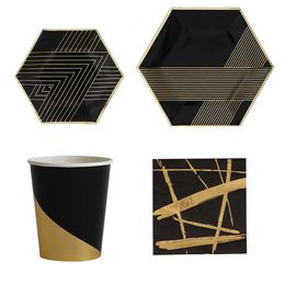Black Gold Paper Cups Plates Napkins With Bronzing Disposable Paper Tableware For Party Cake Wedding Birthday Banquet Picnic Dessert Decoration Supplies