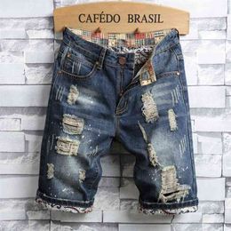Summer Men Vintage Ripped Short Jeans Streetwear Hole Slim Denim Shorts Male Brand Clothes 210720