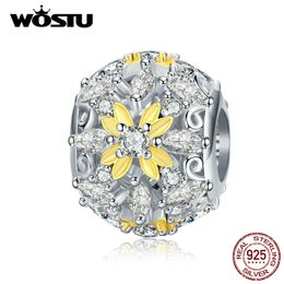 WOSTU Real 925 Sterling Silver Flower Beads Dazzling Zircon Round Charms Pendant Fit Original Bracelet Jewellery Making CQC1333 Q0531