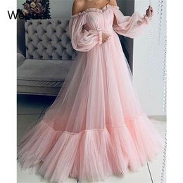 WEPBEL Off-Shoulder Mesh Women Dress Long-Sleeved Wedding High Waist Big Swing Dresses Slash Collar Solid Colour Dress Y0118