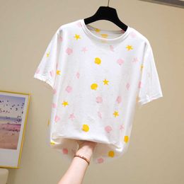 Summer White T shirt Women Tops Kawaii Print White Tshirt Women Korean Clothes Short Sleeve Tee Shirt Plus Size 4XL 210604