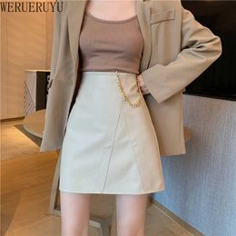 WERUERUYU High Waist PU Small Leather Skirt with Wooden Ears Female Autumn Korean Version A-line Package Hip Skirt 210608