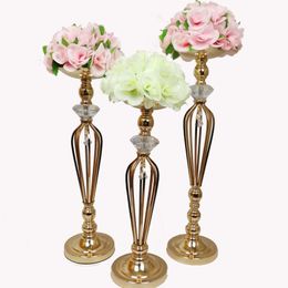 metal flowers vases Canada - Party Decoration 12pcs)Wholesale Wedding Tall Metal Table Acrylic Crystal Centerpiece Stands Flower Vase Stand Gold Column Tb3020