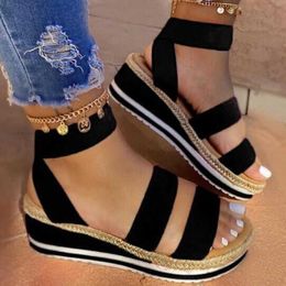 Womens Sandals Ladies Summer Fashion Flat Comfortable Elastic Band Ankle Strap Wedge Open Toe Platform Shoes Plus Size