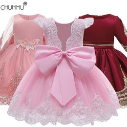 Baby Girls Christmas Dress Elegent Flower Lace Bow Kids Dresses for Girl Princess Long Sleeve Party Ball Gown Children Clothing 210303