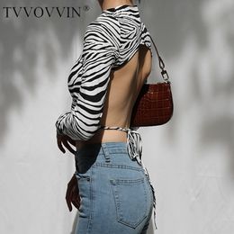 TVVOVVIN Snakeskin Pattern Sexy Full Sleeve Base Backless Women Turtleneck Tie Leopard Top Zebra Print Cropped T-shirt Tops N5C 210306