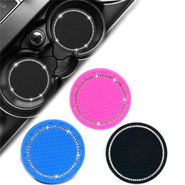 2PCS/SET Car Cup Holder Mat Auto Non-Slip Water Bottle Pad With Rhinestone Drinks Coaster 7cm/2.75 In Black Pink Blue XBJK2106