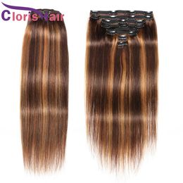 Coloured 4/27 Clip In Ombre Human Hair Extensions Straight Raw Virgin Indian Brown Honey Blonde Highlight Natural Clips On Weave 8pcs 120g/set