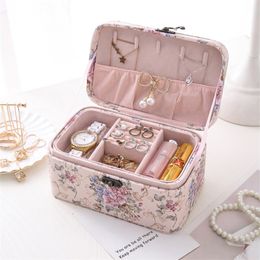 Leather Jewelry Storage Box Travel Double Layer Large Jewelry Organizer Earrings Ring Creative Printing Necklaces Cosmetic Boxes 210315