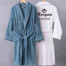 Customise Nama Date Women Men Warm Dobby Cotton Bathrobe Thermal Kimono Dressing Gown Bride Peignoir 210901