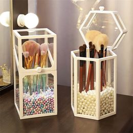 Transparent Glass Cosmetic Brush Storage Box With Pearl Large Capacity Make Up Organiser For Bathroom Dresser Storage Container 210315