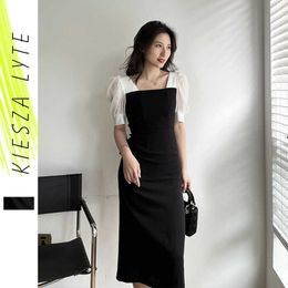 Summer Elegant Dress Bubble Sleeve Pleats Black White Midi Dresses Patchwork Women 210608