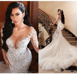 2022 luxuoso árabe sereia vestidos de casamento dubai cristais brilhantes mangas compridas vestidos de noiva tribunal trem tule saia robes de ma230i