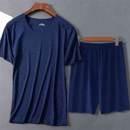Men's Ice Silk Underwear Suit Summer Short Sleeve Shirt+Shorts Quick Dry Sleepwear Male Casual Home Clothes Men Pyjamas Set 210722
