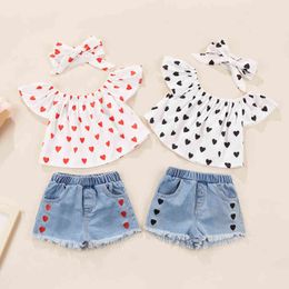 Lovely Little Girl Shorts Set Heart Printed Sleeveless Tops Elastic Short With Headband Valentine's Day Suit For 1-6Years G220217