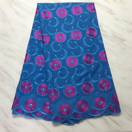 5Yards/Lot Elegant Blue African Cotton Fabric And Fuchsia Flower Embroidery Swiss Voile Lace For Dressing PL11726