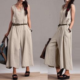 Wide Leg Pants Women's Jumpsuits ZANZEA Plus Size Linen Overalls Woman V Neck Rompers Female Sleeveless Summer Pantalon 5XL T200107