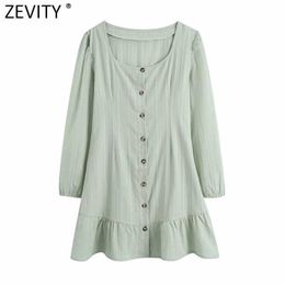 Zevity Women Elegant French Square Collar Jacquard Embroidery Hem Ruffles Mini Dress Chic Female Buttons Vestido DS5044 210603