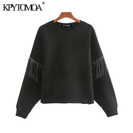 Vintage Stylish Tassel Patchwork Loose Sweatshirts Women Fashion O Neck Long Sleeve Female Pullovers Chic Tops 201112