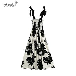 Women Vintage Bow Ink Print Midi Dress Fashion Female Elastic Square Collar Straps Dresses Chic Vestidos Mujer 210531
