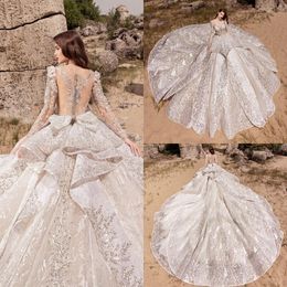 Designer Ball Dresses With Long Sleeves Scoop Neck Lace Applique Tiered Skirt Chapel Train Covered Button Wedding Gown Vestido 403 403