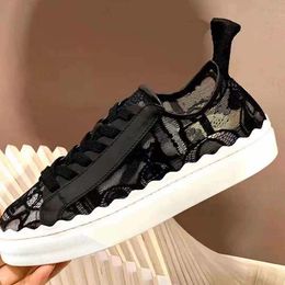 Classical women Lace Casual shoes Flat Letters lace-up embroidery style canvas sneaker 35-41 With box