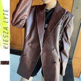 Women Fashion PU Faux Leather Jacket Vintage Brown Coffee Alligator Pattern Loose Blazer Coat Spring Female Outerwear Chic 210608