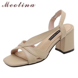 Meotina Summer Sandals Women Shoes Natural Genuine Leather Square High Heel Shoes Cow Leather Open Toe Sandals Ladies Size 33-40 210608