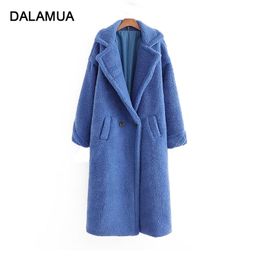 Women Long Jacket Solid Teddy Coat Casual Turn Down Collar Winter Warm Elegant Fake Fur Fashion Outerwear Female Jackets Coats 211019