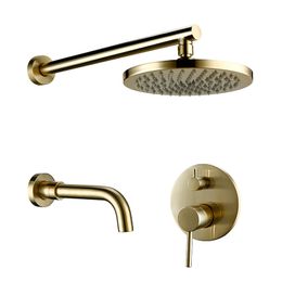 Luxury Matt Brushed Gold Brass Round Shower Set Bathroom Brushed Faucet Rainfall Wall-Mount Headshower Mixer System Set