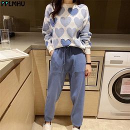 Fashion Love printed knitted two peice suit women long sleeve sweater tops and solid Colours casual pants female korean 220315