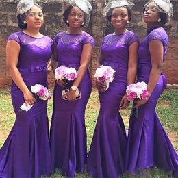 Plus Size Purple African Bridesmaid Dresses With Beaded Elegant Mermaid Satin Short Sleeve Wedding Guest Dress 2022 Maid Of Honour Gowns For Women