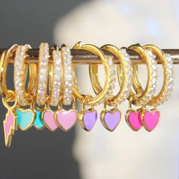 small hanging earrings UK - Hoop & Huggie Trendy Colorful Dripping Oil Metal Peach Heart Hanging Earring For Women Cute Rhinestone Small Circle Ear Charms Huggies Jewel