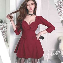 spring and summer red V rufflecolldr skirt fashion temperament thin sexy office party for women dresses 210602
