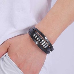 Europe and America Popular Stainless Steel Charm Bracelet Multilayer Black Leather Bracelets Jewellery for Men