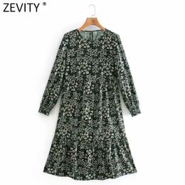 Zevity Women Fashion O Neck Colourful Dots Print Pleat Ruffles Kneeth Dress Chic Lady Long Sleeve Vestido Dresses DS4790 210603