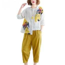 [IEQJ] Summer Pattern Office Lady Style O Collar Geometric Pattern Seven Sleeve Calf Length Wide Leg Pants Suit AF911 210727