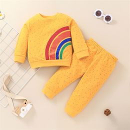 Winter Children Sets Long Sleeve O Neck Print Rainbow Coat Yellow Dot Trousers Cute 2Pcs Girls Boys Clothes 0-2T 210629