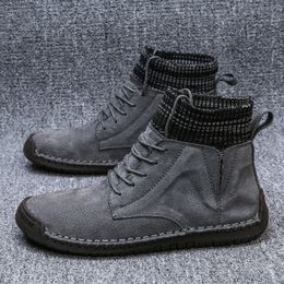 Vintage Men Boots Leather Western Ankle Boots Men Warm Fur Winter Snow Boots Casual Shoes Sneakers Cowboy Botas Size 39-48 Gray