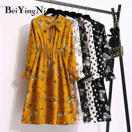 Beiyingni Women Vintage Floral Print Bow Midi Dress Female Chic Long Sleeve Chiffon High Waist Dresses Casual Slim Sexy Vestidos Y1204