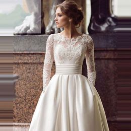 Simple Lace Satin Wedding Dresses With Pocket Long Sleeves Zipper Sheer Back Vintage Ivory 2021 Bride Dress A-Line Robe Mariee Dentelle