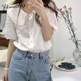 Yitimuceng Casual Blouse Women Oversize Button Up Office Lady Shirts Korean Fashion Short Sleeve White Blue Tops Summer 210601