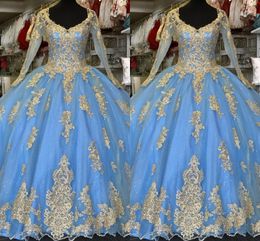 Light Blue Gold Quinceanera Dresses With Long Sleeves 2021 Sweetheart Applique Lace Ball Gown Sweet 16 Girls 15 Girl Graduation Party Prom Gowns